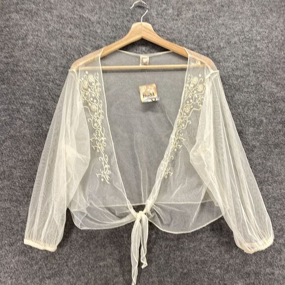 New Mudd Top Women XL Beige Floral Embroidered Sheer Tie Up V-Neck Long Sleeve - Picture 4 of 8
